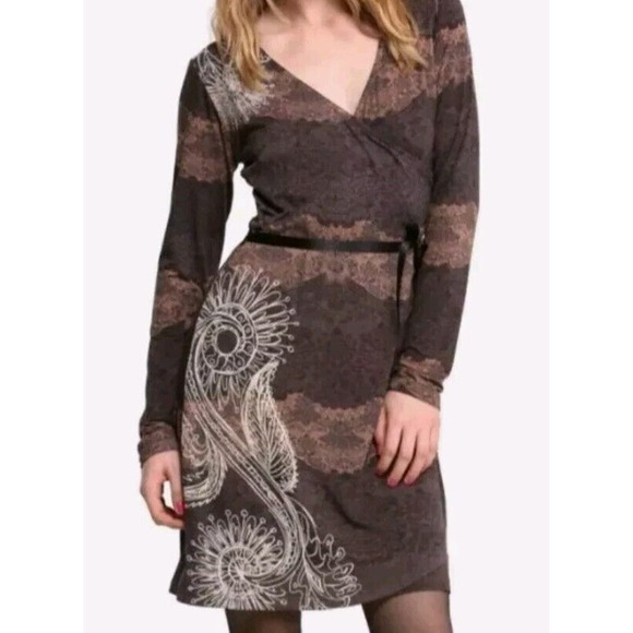 NWTDesigual women's size L Ruched Fitted Faux Wrap Dress Why? Tattoo Artsy - Picture 11 of 11